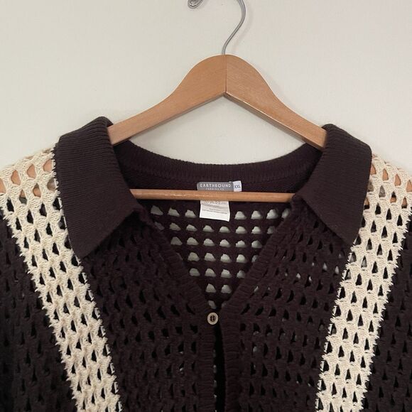 Earthbound Men’s Crochet Open Knit Button Down Top XXL Brown Resort Festival - Picture 4 of 10